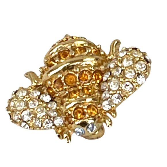 Monet Rare Gold Tone Bee Brooch With Orange & Clear Crystals - Picture 9 of 13